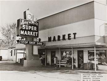 (ROADSIDE SIGNAGE) Approximately 60 photographs of bold, graphic signs, mostly neon, on banks, grocery stores, hotels, and more.